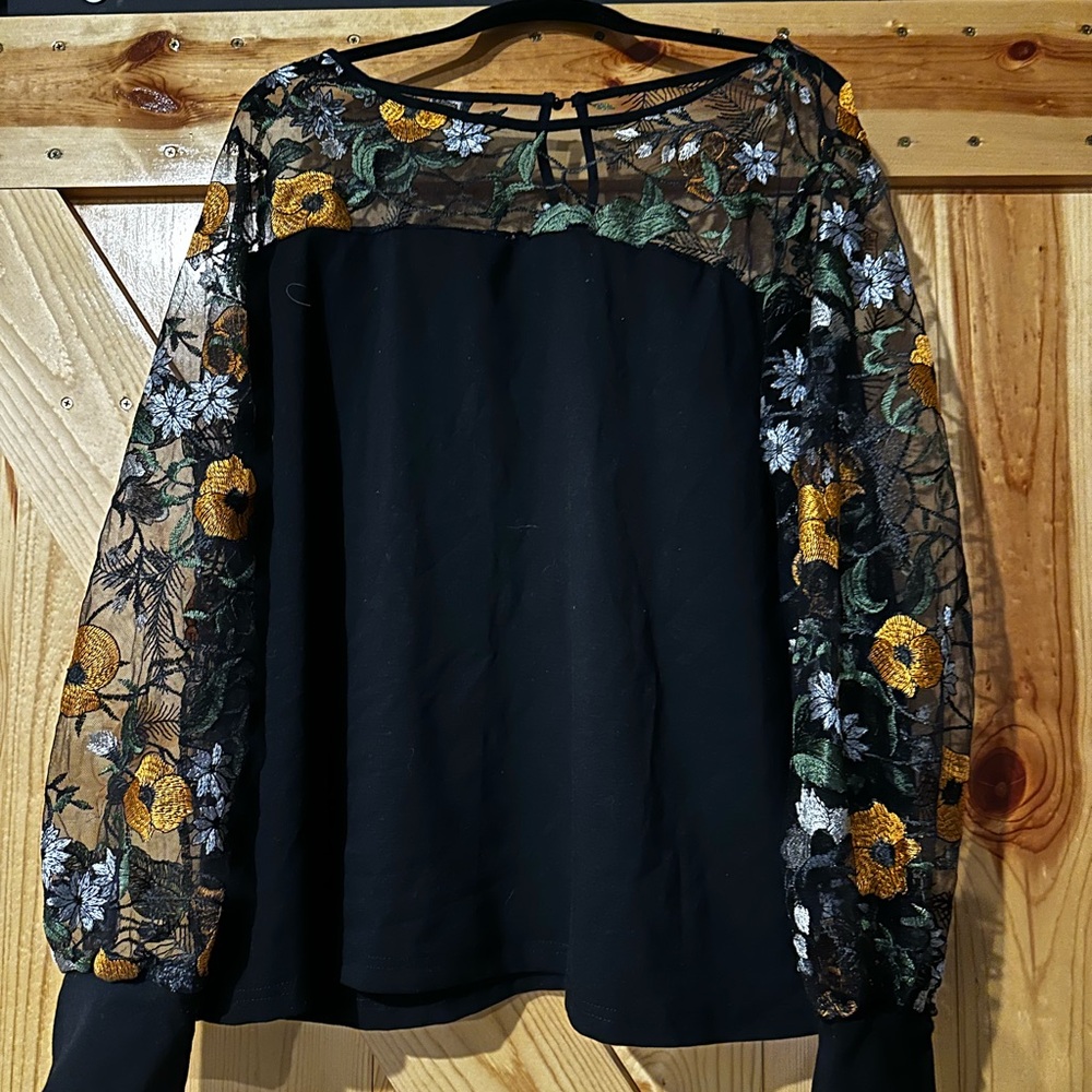 Floral Embroidered Black Top